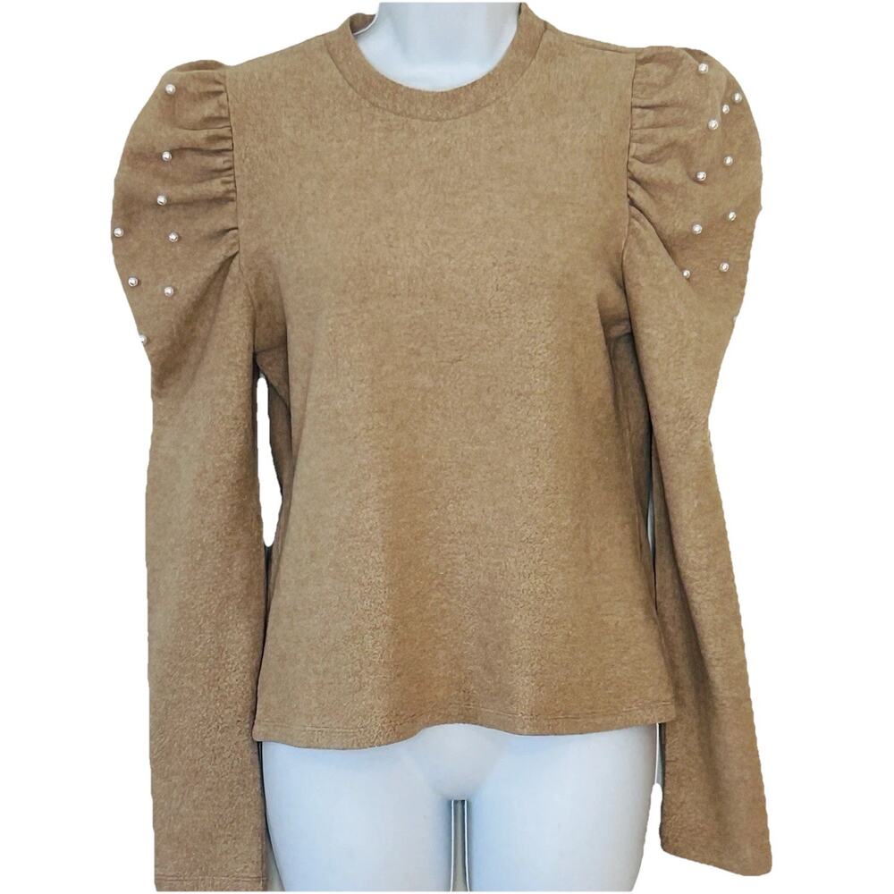 Tuckernuck Pomander Place Puff Sleeve Sweater Size M Camel Tan Pearls